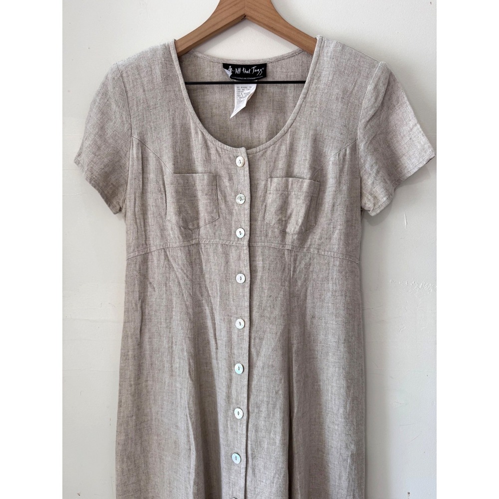 Vintage Midi Dress Size 5/6 Tan Linen Blend Button Front Tie Back Cottagecore - Picture 2 of 13